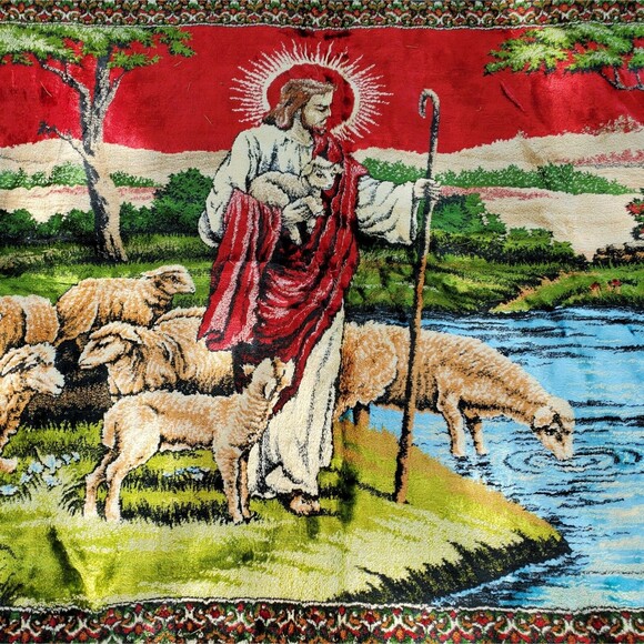 Vtg 70 Religious Jesus Christ & Lambs Velvet Sofa Tapestry Style Lg Wall Hanging - Picture 3 of 10
